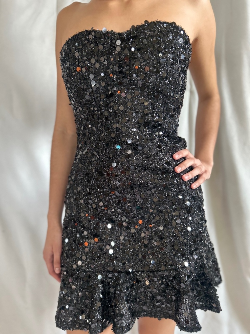 NWT Forever 21 Black Sparkly Strapless Mini Dress Ruffle Hem